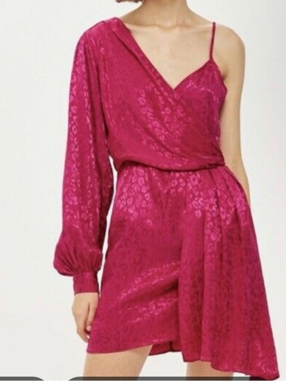 Topshop Fuchsia Asymmetrical One-Sleeve Satin Dress
